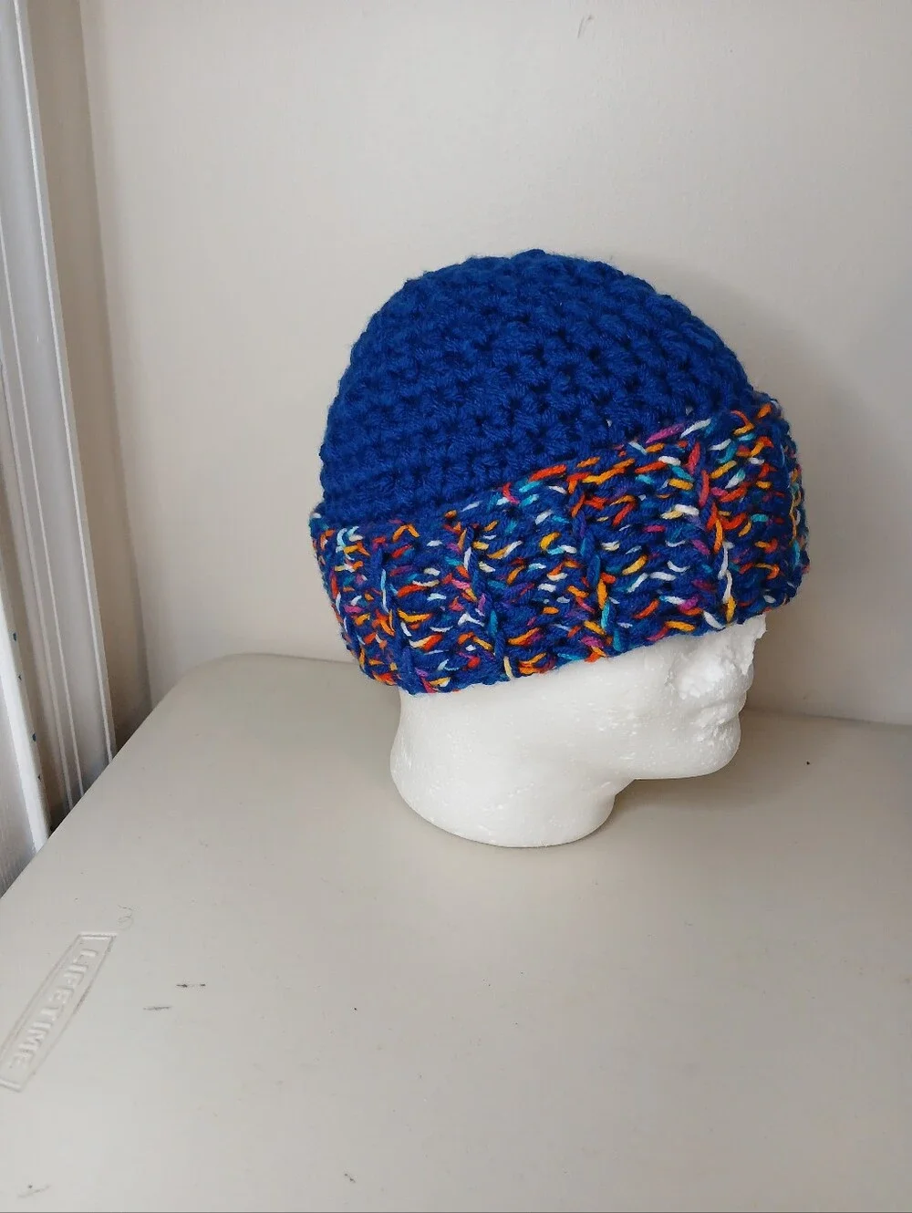 Chunky Royal Blue Crocheted Beanie with Multicolor Cuff